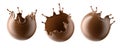 3d render, spherical shape chocolate splash collection, cacao drink or coffee, splashing cooking ingredient. Abstract brown liquid