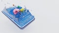 3D render of splashing water with colorful pearls on smartphone.
