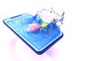 3D render of splashing water with colorful pearls in smartphone screen.