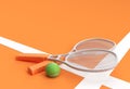 3D Render Sport equipment tennis racket with a ball on Orange Background