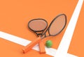 3D Render Sport equipment tennis racket with a ball on Orange Background