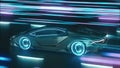 3d render Sports cyber neon car rushes along the night road with neon lights at high speed Royalty Free Stock Photo