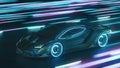 3d render Sports cyber neon car rushes along the night road with neon lights at high speed Royalty Free Stock Photo