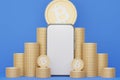 3d render stack of bitcoin with smartphone for mockup