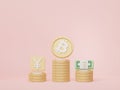 3d render of stack of bitcoins and gold in saving money for goal Concept. Minimal pastel scene. Growth financial model. Defi