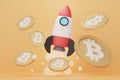 3d render of stack of bitcoins with rocket to the moon. Defi crypto concept. Investment management