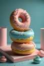 3d render of a stack of colorful donuts on a blue background