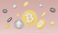 3d render stack of cryptocurrencies Bitcoin, Ethereum, Binance and Ripple coins. Cryptocurrency digital currency concept