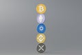 3d render stack of cryptocurrencies Bitcoin, Ethereum, Cardano and Binance coins. Cryptocurrency digital currency concept. New