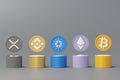 3d render stack of cryptocurrencies Bitcoin, Ethereum, Cardano and Binance coins. Cryptocurrency digital currency concept. New
