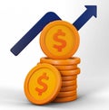 3d render of stack of dollar coins and arrow going up for investment metaphor. Can be used for banking, financial sector, fintech
