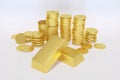 3D render , Stack of gold coin bar currency market financial