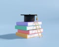 3d render stair books to success. education and learning concept. congratulations with graduation hat. 3d rendering illustration