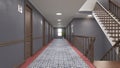 3D render of a stair in hotel with ornament carpet and dark blue walls.