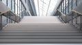 3D render of a stairs leading up into a large aisle of an office building.