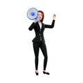 3d render standing business woman. 3d rendering woman holding megaphone. 3d render woman declaring on whitebackground