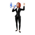 3d render standing business woman. 3d rendering woman holding megaphone. 3d render woman declaring on whitebackground