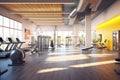 3D render of a state-of-the-art fitness facility, featuring well-equipped workout areas, modern exercise machines, and motivated