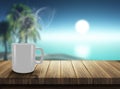 3D render of steaming hot drink on decking looking out to a tropical landscape Royalty Free Stock Photo