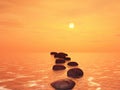 3D stepping stones in an ocean against a sunset sky Royalty Free Stock Photo