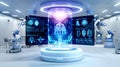 A 3D render of a sterile, AI-controlled hospital with a glowing holographic display. The display is showing