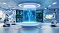 A 3D render of a sterile, AI-controlled hospital with a glowing holographic display. The display is showing