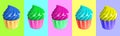 3d render sticker set creative food banner. Stylish colorfull muffin cake. Restaurant, bars, cafes, shop concept