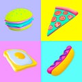 3d render sticker set creative funny stylish food objects. Restaurant, bars, cafes concept