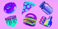 3d render sticker set creative funny stylish neon food objects. Restaurant, bars, cafes concept