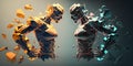 3D render style illustration of two people standing in opposite sides, arguing, debating