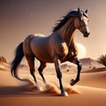 3d render style, A majestic horse is running, amidst the evening desert.