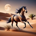 3d render style, A majestic horse is running, amidst the evening desert.