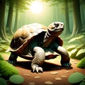 3d render style, a serene and wise old tortoise slowly making in the forest.