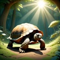 3d render style, a serene and wise old tortoise slowly making in the forest