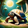 3d render style, a serene and wise old tortoise slowly making in the forest