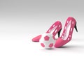 3D Render Stylish classic women`s Shoes with Football in high hills on a Color Background