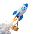 3D Rocket Launching with Cargo Box and Smoke Trails spaceship space Royalty Free Stock Photo