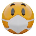 3D render of suprised yellow emoji face in medical mask protecting from coronavirus 2019-nCoV