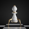 3d render, surreal concept, chess game bishop piece, white object with golden slim legs, classic checkered floor