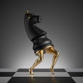 3d render, surreal concept, chess game knight piece, black horse with golden slim legs, classic checkered floor