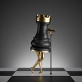 3d render, surreal concept, chess game piece, black rook object with golden slim legs, classic checkered floor