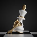 3d render, surreal concept, chess game piece, white king sitting, object with golden slim legs, classic checkered floor