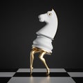 3d render, surreal concept, chess game piece, white knight, horse with golden slim legs, classic checkered floor, abstract modern. Royalty Free Stock Photo