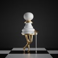 3d render, surreal concept, chess game piece, white pawn, object with golden slim legs, classic checkered floor