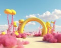 3d render surreal desert landscape with arches and clouds in the blue sky