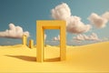3d render, Surreal desert landscape with white clouds going into the yellow square portals on sunny day. Generative AI. Royalty Free Stock Photo