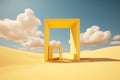 3d render, Surreal desert landscape with white clouds going into the yellow square portals on sunny day. Generative AI. Royalty Free Stock Photo