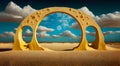 3d render, Surreal desert landscape with yellow arches and white clouds in the blue sky. Modern minimal abstract