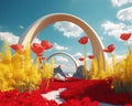 3d render surreal landscape with arches and clouds in the blue sky