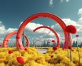 3d render surreal landscape with arches and clouds in the blue sky